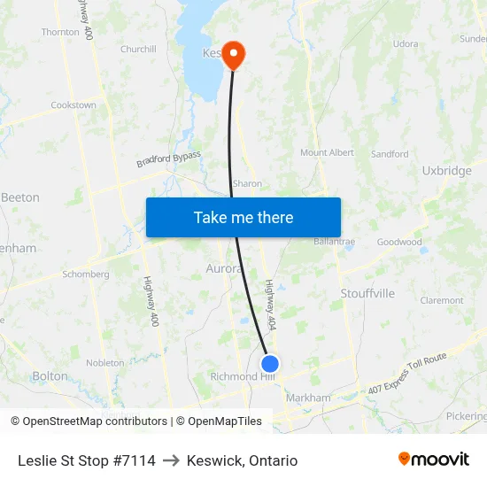 Leslie St Stop #7114 to Keswick, Ontario map