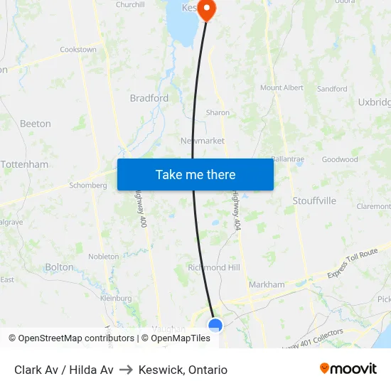 Clark Av / Hilda Av to Keswick, Ontario map