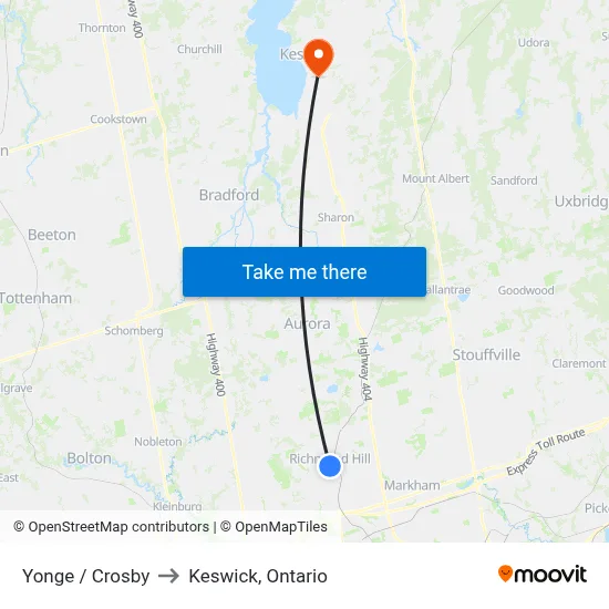 Yonge / Crosby to Keswick, Ontario map