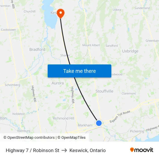 Highway 7 / Robinson St to Keswick, Ontario map