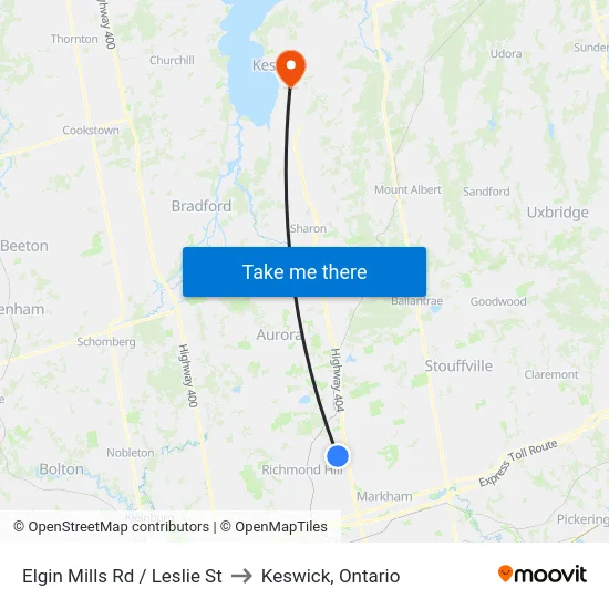 Elgin Mills Rd / Leslie St to Keswick, Ontario map