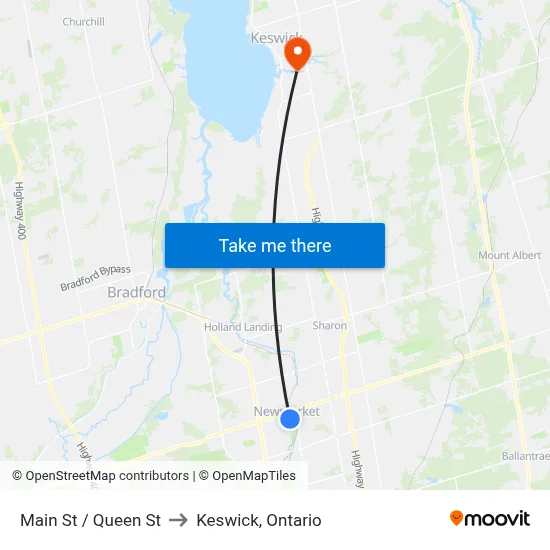 Main St / Queen St to Keswick, Ontario map