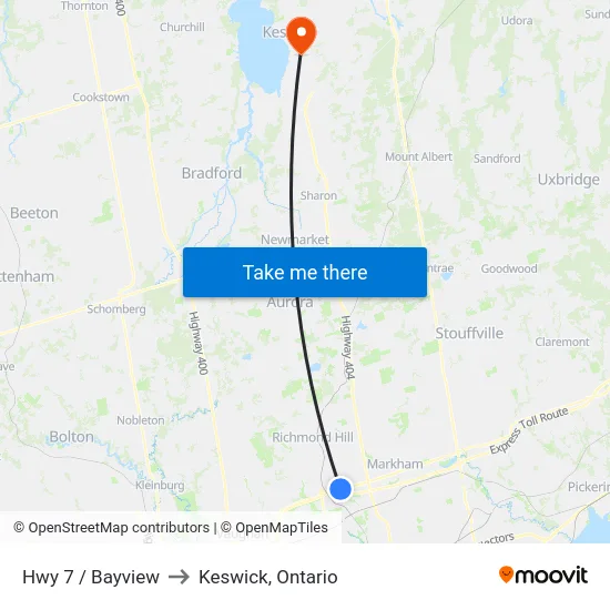 Hwy 7 / Bayview to Keswick, Ontario map