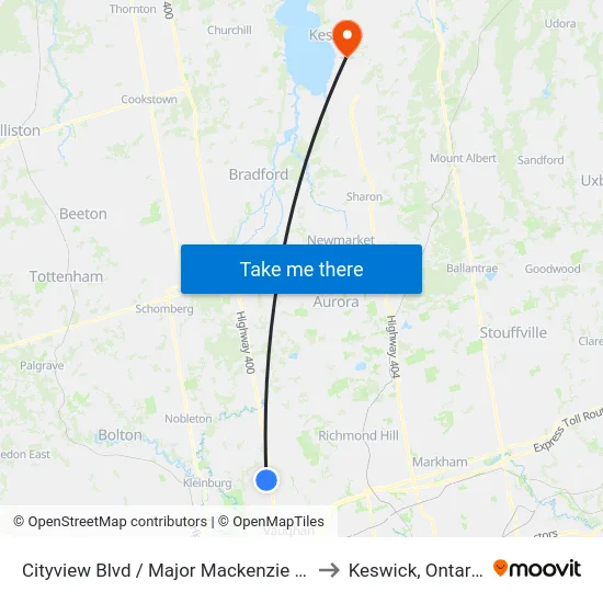 Cityview Blvd / Major Mackenzie Dr to Keswick, Ontario map