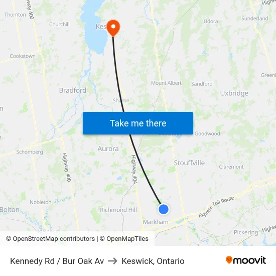 Kennedy Rd / Bur Oak Av to Keswick, Ontario map