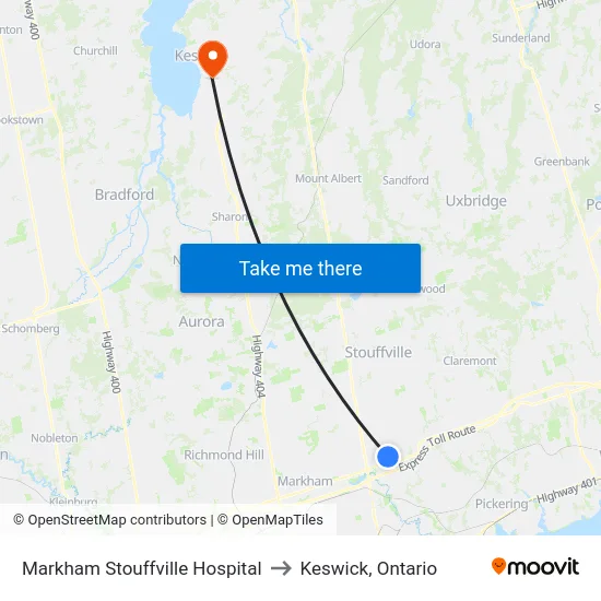 Markham Stouffville Hospital to Keswick, Ontario map