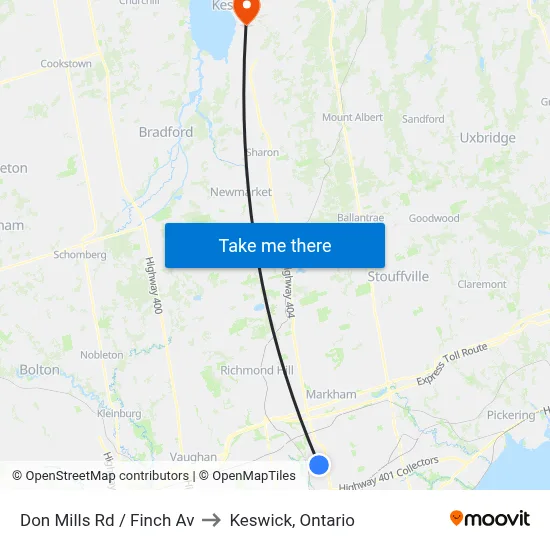 Don Mills Rd / Finch Av to Keswick, Ontario map