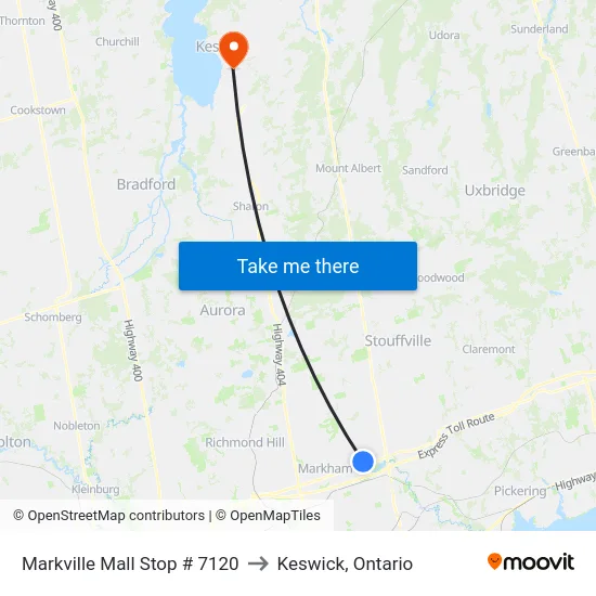 Markville Mall Stop # 7120 to Keswick, Ontario map