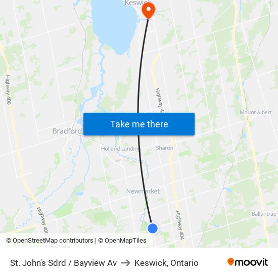 St. John's Sdrd / Bayview Av to Keswick, Ontario map