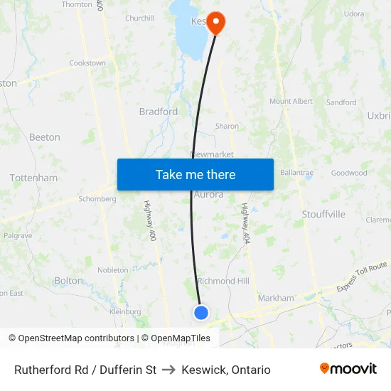 Rutherford Rd / Dufferin St to Keswick, Ontario map