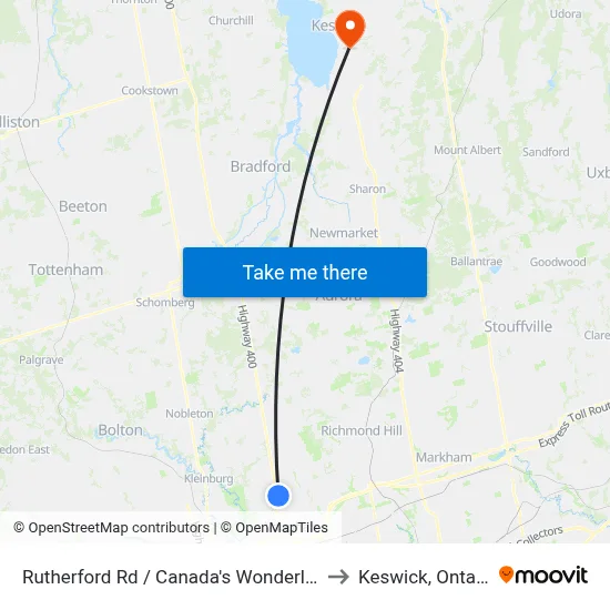 Rutherford Rd / Canada's Wonderland to Keswick, Ontario map
