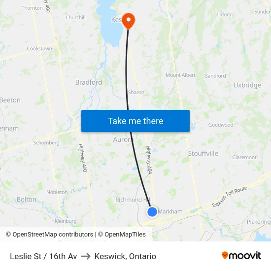 Leslie St / 16th Av to Keswick, Ontario map