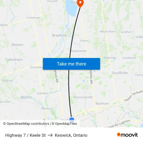 Highway 7 / Keele St to Keswick, Ontario map