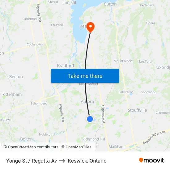 Yonge St / Regatta Av to Keswick, Ontario map