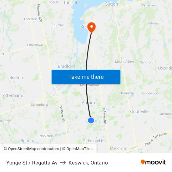 Yonge St / Regatta Av to Keswick, Ontario map
