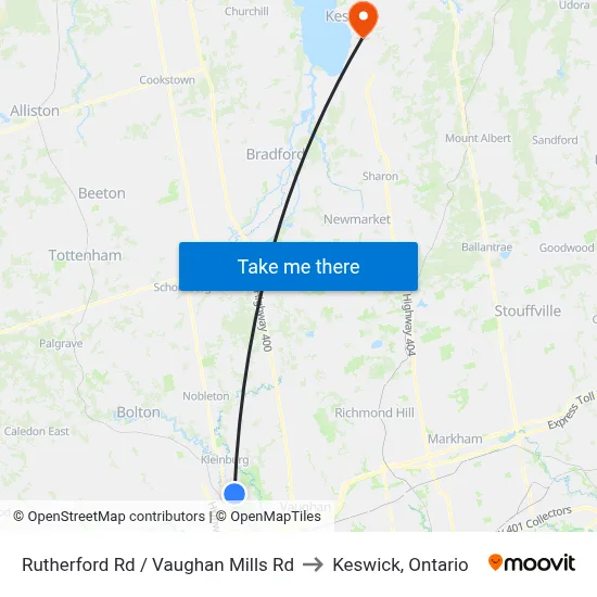 Rutherford Rd / Vaughan Mills Rd to Keswick, Ontario map