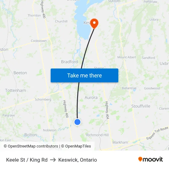 Keele St / King Rd to Keswick, Ontario map