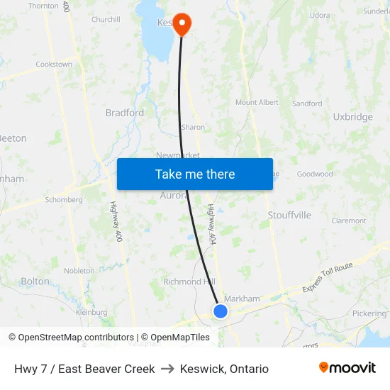 Hwy 7 / East Beaver Creek to Keswick, Ontario map
