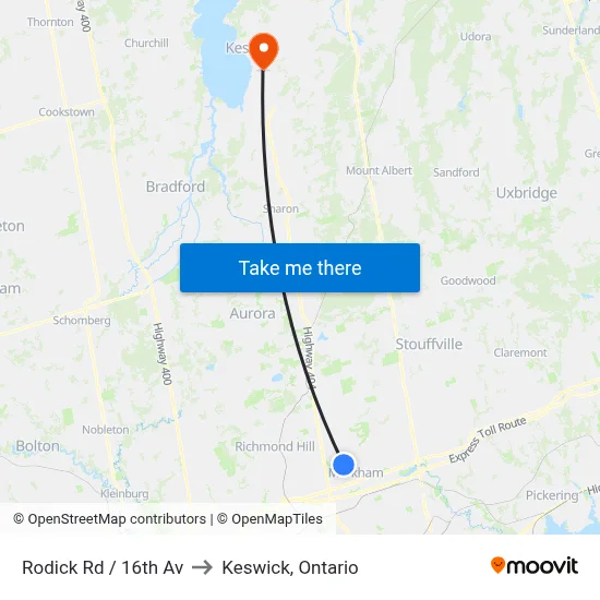 Rodick Rd / 16th Av to Keswick, Ontario map