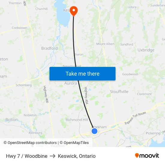 Hwy 7 / Woodbine to Keswick, Ontario map