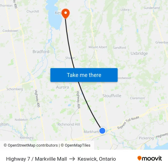 Highway 7 / Markville Mall to Keswick, Ontario map