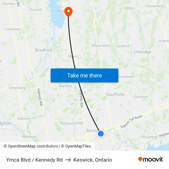 Ymca Blvd / Kennedy Rd to Keswick, Ontario map