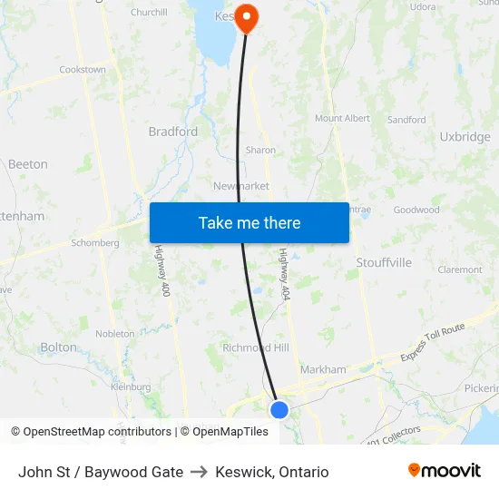 John St / Baywood Gate to Keswick, Ontario map