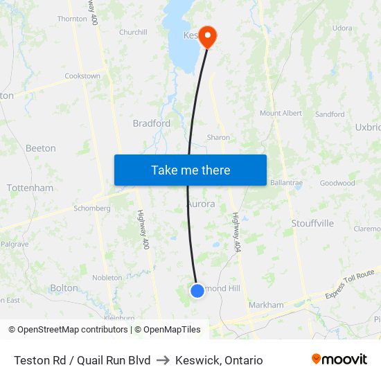 Teston Rd / Quail Run Blvd to Keswick, Ontario map