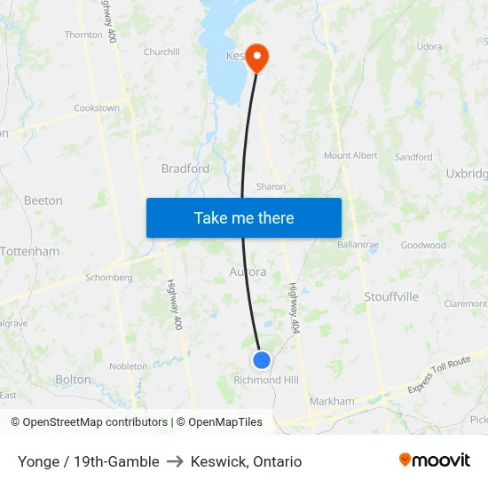 Yonge / 19th-Gamble to Keswick, Ontario map