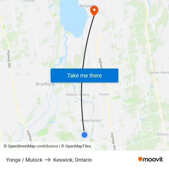 Yonge / Mulock to Keswick, Ontario map