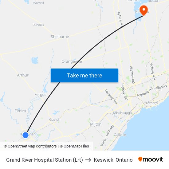 Grand River Hospital Station (Lrt) to Keswick, Ontario map