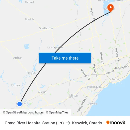 Grand River Hospital Station (Lrt) to Keswick, Ontario map
