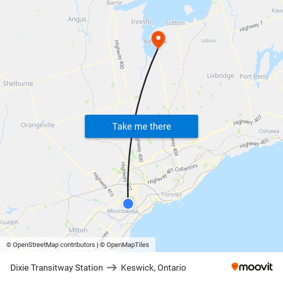 Dixie Transitway Station to Keswick, Ontario map