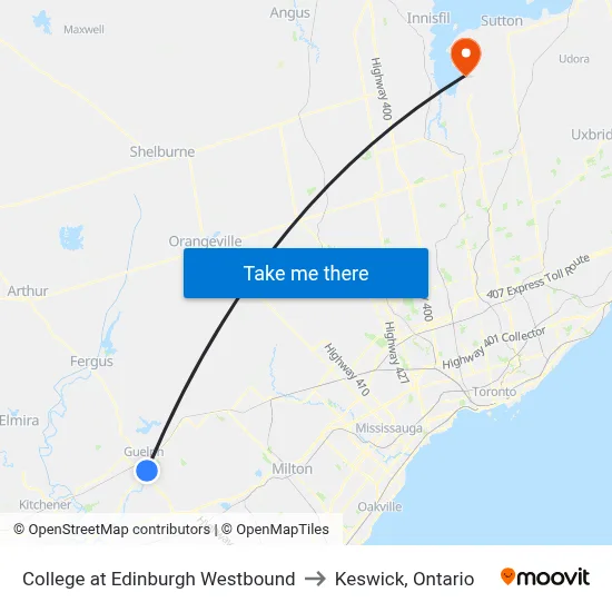 College at Edinburgh Westbound to Keswick, Ontario map