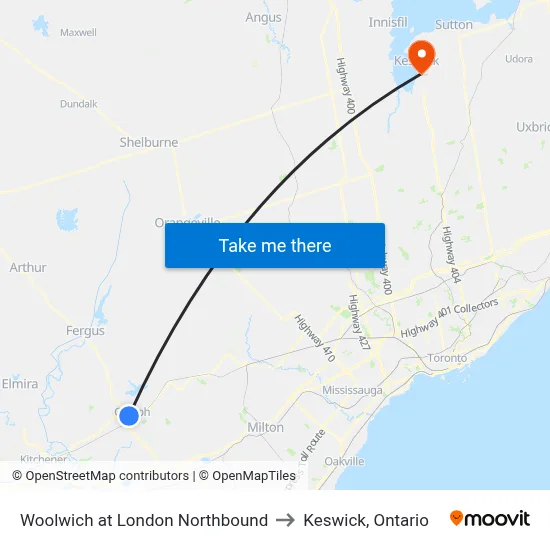 Woolwich at London Northbound to Keswick, Ontario map
