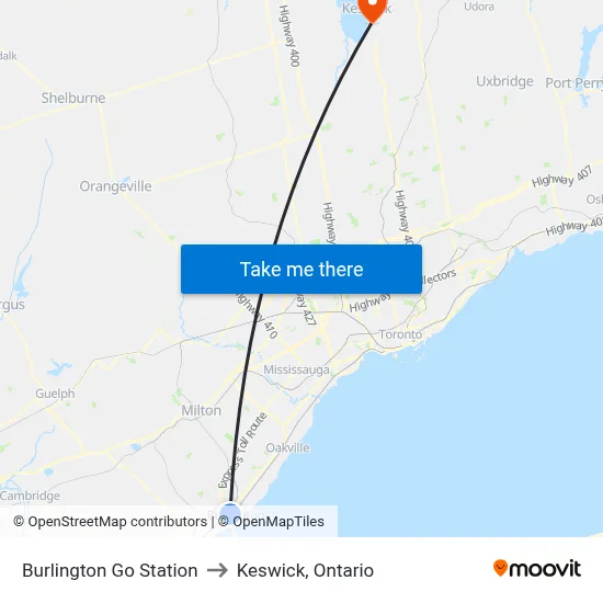 Burlington Go Station to Keswick, Ontario map