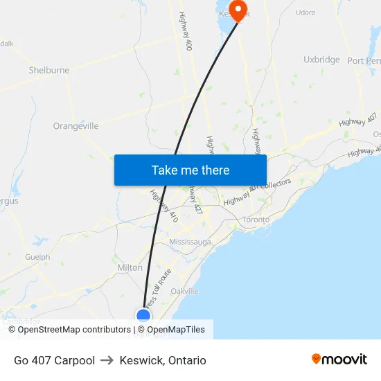 Go 407 Carpool to Keswick, Ontario map