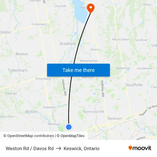 Weston Rd / Davos Rd to Keswick, Ontario map