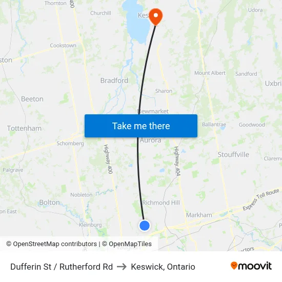 Dufferin St / Rutherford Rd to Keswick, Ontario map