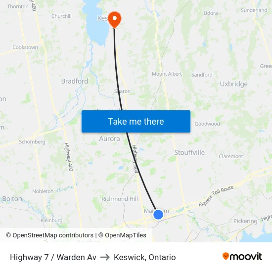 Highway 7 / Warden Av to Keswick, Ontario map