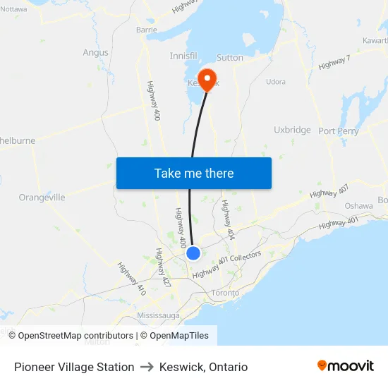 Pioneer Village Station to Keswick, Ontario map