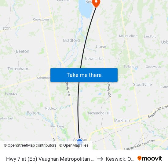 Hwy 7 at (Eb) Vaughan Metropolitan Centre Station to Keswick, Ontario map