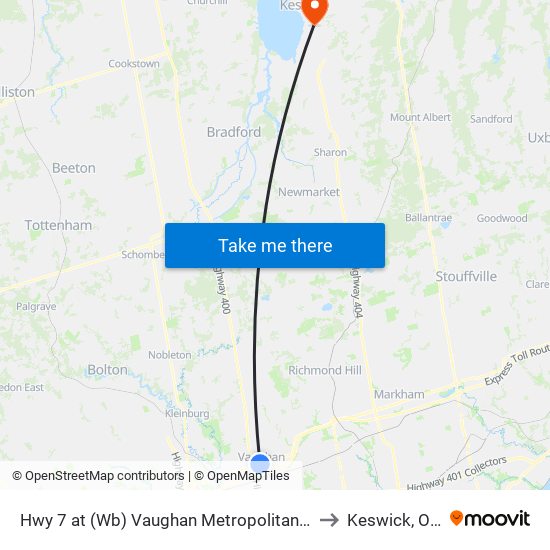 Hwy 7 at (Wb) Vaughan Metropolitan Centre Station to Keswick, Ontario map