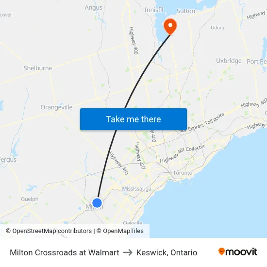 Milton Crossroads at Walmart to Keswick, Ontario map