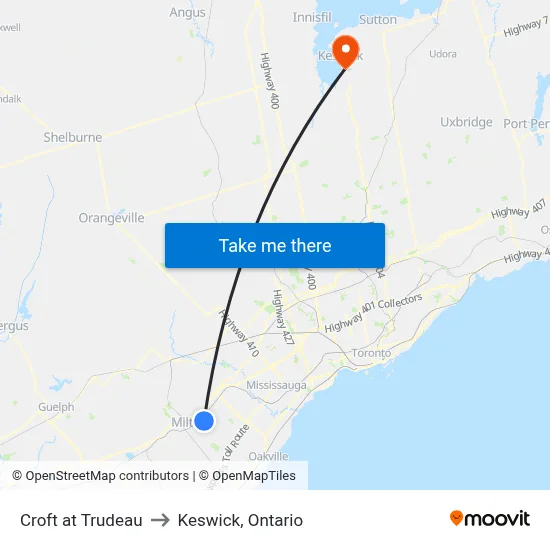 Croft at Trudeau to Keswick, Ontario map