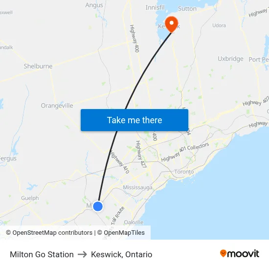 Milton Go Station to Keswick, Ontario map