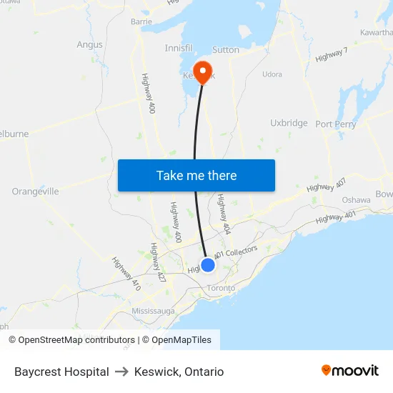 Baycrest Hospital to Keswick, Ontario map