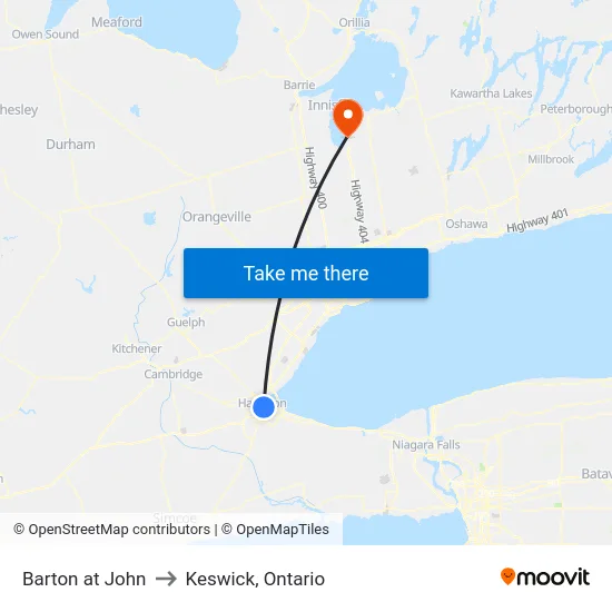 Barton at John to Keswick, Ontario map
