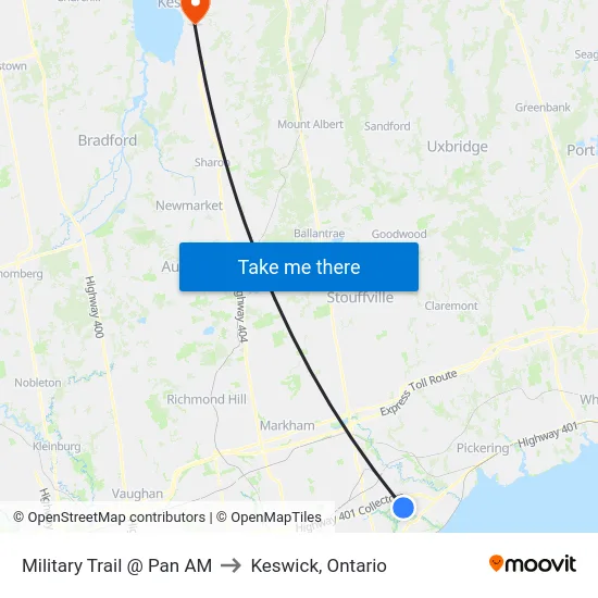 Military Trail @ Pan AM to Keswick, Ontario map