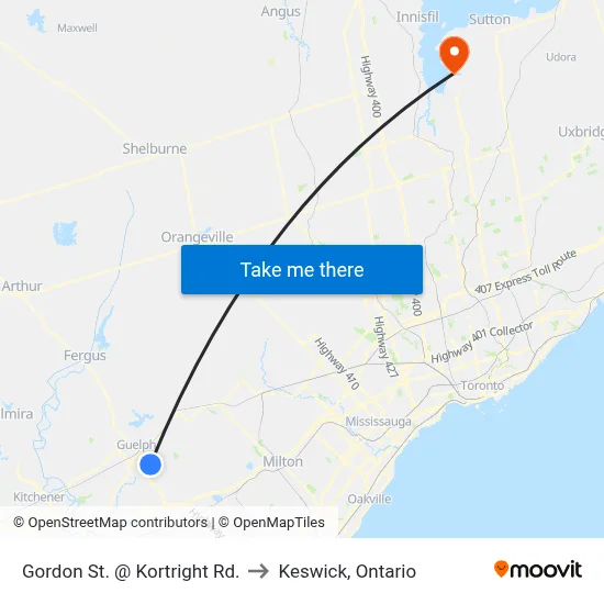 Gordon St. @ Kortright Rd. to Keswick, Ontario map